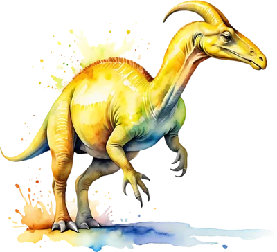 Hình ảnh khủng long Parasaurolophus màu nước với các mảng màu vàng, cam, xanh lá và xanh dương, có hiệu ứng bắn màu.