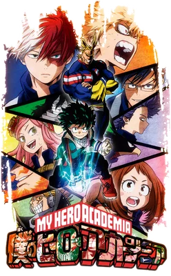 Hình ảnh dàn nhân vật anime My Hero Academia, bao gồm Deku, All Might, Todoroki, Bakugo, Uraraka, Iida, Ashido, và Shinso, với hiệu ứng năng lượng và logo.