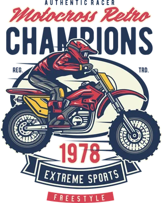 Hình minh họa tay đua xe mô tô địa hình phong cách retro với chữ Motocross Champions 1978