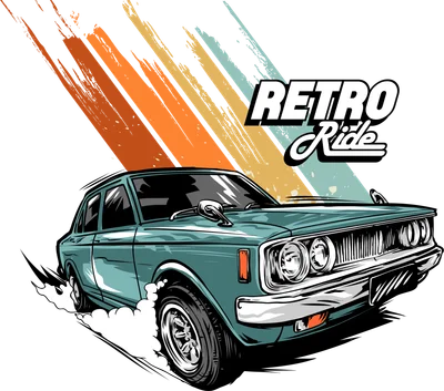 Hình minh họa xe hơi cổ điển màu xanh ngọc với chữ Retro Ride và vệt màu cam, vàng, xanh trên nền xám.