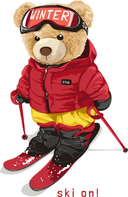 Hình vẽ gấu Teddy đội mũ trượt tuyết, mặc áo khoác đỏ, quần vàng, đang trượt ván tuyết với gậy. Nền xám.
