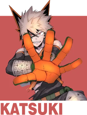 Hình ảnh Katsuki Bakugo từ anime My Hero Academia, với mái tóc vàng nhọn, mắt đỏ và trang phục đặc trưng, giơ tay về phía trước.