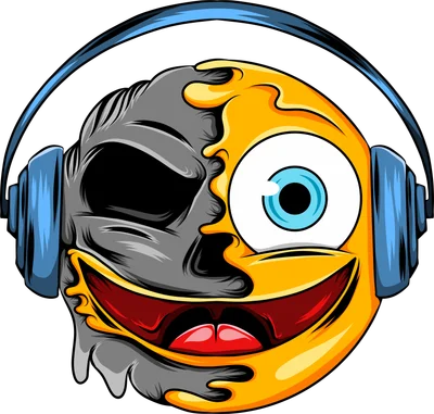 Hình ảnh emoji biểu cảm vui nhộn, một nửa khuôn mặt là sọ người, đeo tai nghe màu xanh