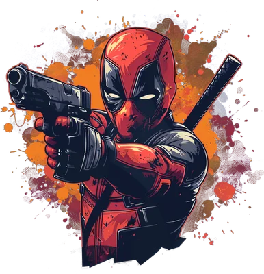 Hình ảnh Deadpool trong trang phục đỏ đen, đang cầm súng chĩa thẳng về phía trước, với nền splash art màu cam.