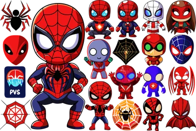 Bộ sưu tập các nhân vật Spiderman phiên bản chibi dễ thương, nhiều tư thế và trang phục khác nhau.