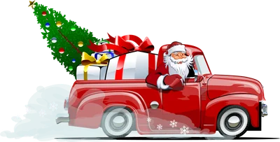 Hình vẽ Ông già Noel lái xe tải đỏ chở cây thông Noel và nhiều hộp quà, có tuyết rơi.