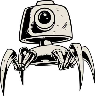 Hình minh họa robot nhện một mắt màu kem với viền đen, phong cách hoạt hình cổ điển trên nền xám.