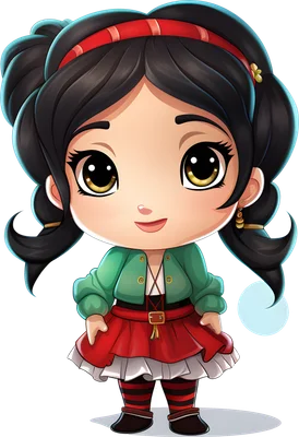 Hình minh họa cô bé Vanellope von Schweetz phong cách chibi, mắt to tròn, tóc đen buộc hai bên, mặc áo khoác xanh và váy đỏ.