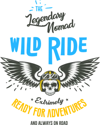 Hình in đầu lâu đội mũ bảo hiểm vàng có kính, hai cánh lớn màu đen trắng, chữ Wild Ride và Ready For Adventures.