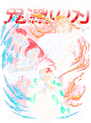 Ba nhân vật anime "Kimetsu no Yaiba" với hiệu ứng lửa và nước, có chữ Nhật phía trên.