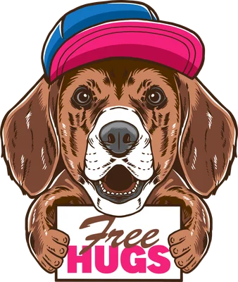 Hình vẽ chú chó Beagle đội mũ lưỡi trai hai màu, miệng mở, tay cầm tấm biển trắng có chữ "Free Hugs" màu hồng neon.