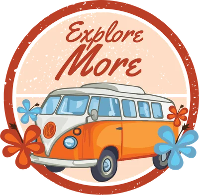 Hình minh họa xe bus cổ điển màu cam với hoa nhiệt đới và dòng chữ Explore More phong cách vintage