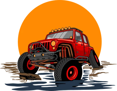 Hình minh họa xe Jeep địa hình màu đỏ vượt bùn lầy với mặt trời cam phía sau