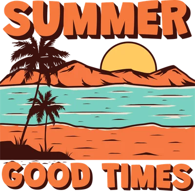 Hình ảnh phong cảnh biển mùa hè với cây dừa, núi, biển xanh và dòng chữ 'SUMMER GOOD TIMES'