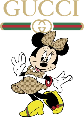 Hình ảnh Minnie Mouse mặc váy và nơ in họa tiết Gucci, với logo Gucci phía trên.