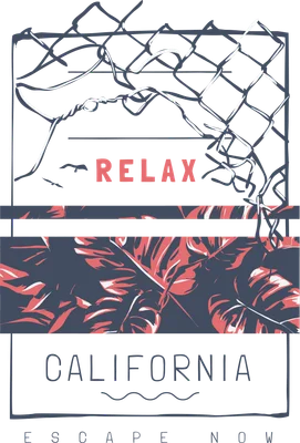 Hình minh họa phong cách vintage với lưới thép rách, lá cây nhiệt đới màu hồng san hô và chữ 'RELAX CALIFORNIA'.