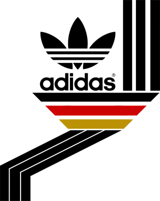 Logo Adidas ba lá với ba sọc đen và dải màu quốc kỳ Đức (đen, đỏ, vàng) trên nền xám.