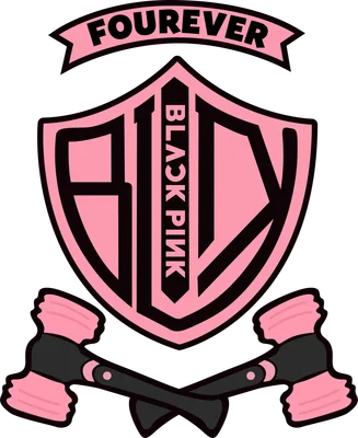 Logo Blackpink với biểu tượng búa màu hồng và dải băng ghi chữ "Fourever" trên nền xám.