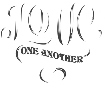 Thiết kế chữ "Love One Another" cách điệu hình trái tim màu trắng trên nền xám.