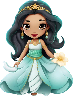 Hình ảnh công chúa Jasmine phiên bản chibi dễ thương, mặc váy xanh ngọc bích lộng lẫy, đội vương miện vàng và cầm hoa vàng.