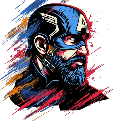 Hình minh họa Captain America râu quai nón đội mũ xanh đỏ, với hiệu ứng vệt sơn màu sắc rực rỡ trên nền xám.