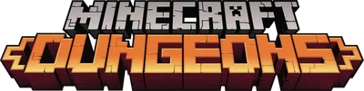 Logo Minecraft Dungeons với chữ khối 3D màu xám và cam, có hiệu ứng nứt vỡ.