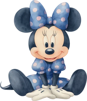 Hình ảnh Minnie Mouse hoạt hình ngồi, mặc váy và nơ chấm bi màu xanh pastel, khuôn mặt tươi cười thân thiện.