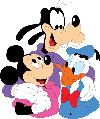 Hình ảnh hoạt hình Mickey Mouse, Donald Duck và Goofy đang vui vẻ bên nhau trên nền xám.