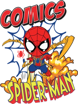 Hình ảnh Spider-Man chibi dễ thương, mặc bộ đồ đỏ xanh, đang bay lượn với mạng nhện và hiệu ứng khói lửa, chữ "COMICS SPIDER-MAN" phía trên và dưới.