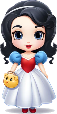 Hình ảnh công chúa Bạch Tuyết phong cách chibi đáng yêu, mặc váy xanh đỏ trắng, cầm túi hình gấu vàng.