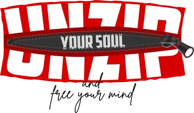 Hình ảnh thiết kế chữ UNZIP YOUR SOUL và khóa kéo màu đỏ, đen, trắng, kèm thông điệp 'and free your mind' trên nền xám.
