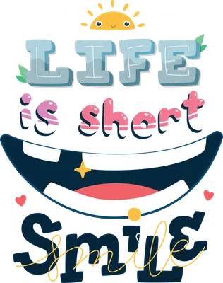 Hình minh họa chữ 'LIFE is short Smile' với mặt trời cười, đám mây và miệng cười lớn, phong cách hoạt hình.