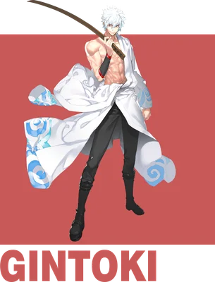 Hình ảnh Gintoki, nhân vật anime với mái tóc trắng, kiếm sau lưng, trang phục trắng hở bụng, dáng vẻ mạnh mẽ.