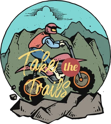 Hình minh họa tay đua mô tô địa hình vượt núi, có chữ 'Take the Trails' phong cách vintage.