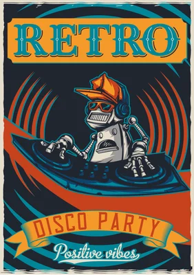 Hình minh họa robot DJ đeo tai nghe đang chơi nhạc tại bữa tiệc disco phong cách retro cổ điển