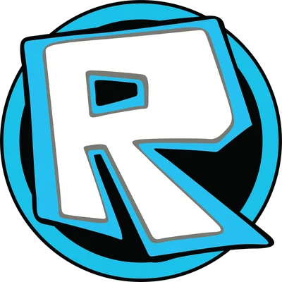 Logo Roblox chữ R màu trắng với viền xanh và đen, trên nền xám.