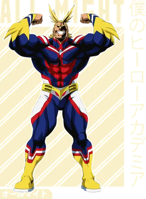 Nhân vật All Might trong trang phục anh hùng màu xanh, đỏ, vàng, khoe cơ bắp.