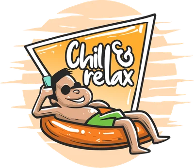 Hình minh họa người đàn ông đeo kính râm nằm thư giãn trên phao bơi màu cam với dòng chữ 'Chill & relax'.