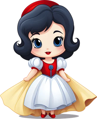 Hình minh họa nàng Bạch Tuyết phiên bản chibi với mái tóc đen, váy trắng, áo đỏ và áo choàng vàng, đôi mắt to tròn đáng yêu.