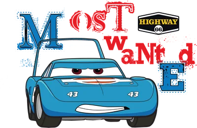 Hình ảnh xe đua hoạt hình màu xanh dương với dòng chữ "Most Wanted" và số 43.