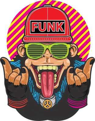 Hình minh họa khỉ đột phong cách hip hop đeo kính râm và mũ lưỡi trai chữ FUNK