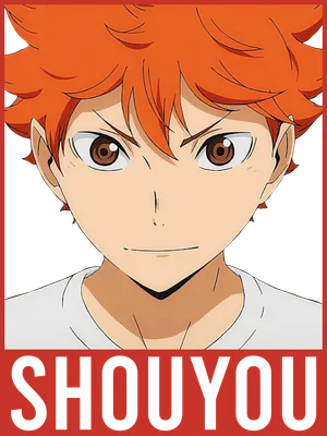 Hình ảnh nhân vật anime Shoyo Hinata với mái tóc cam, đôi mắt nâu và biểu cảm quyết tâm, có chữ 'SHOYOU' bên dưới.