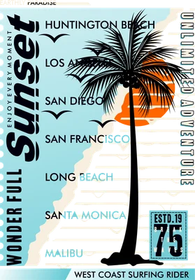 Hình ảnh minh họa phong cách retro về hoàng hôn trên bãi biển California với cây dừa, sóng biển và tên các thành phố ven biển.