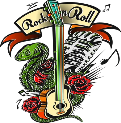 Hình ảnh minh họa phong cách rock với rắn xanh quấn quanh đàn guitar, hoa hồng đỏ và micro cổ điển, kèm nốt nhạc.
