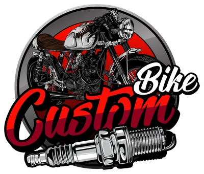 Logo hình tròn với xe máy độ phong cách cổ điển, chữ 'Custom Bike' và bugi.