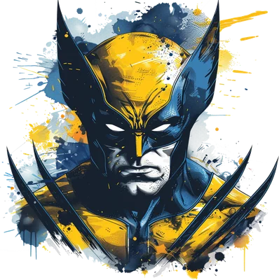 Hình ảnh Wolverine của Marvel với mặt nạ vàng xanh, móng vuốt sắc nhọn và hiệu ứng màu nước bắn tung tóe trên nền xám.