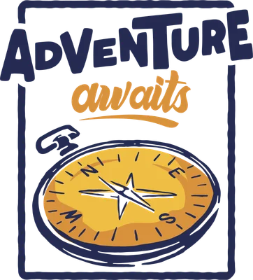 Hình minh họa la bàn vẽ tay màu vàng và xanh đậm với chữ 'ADVENTURE awaits' trên nền xám, viền khung đơn giản.