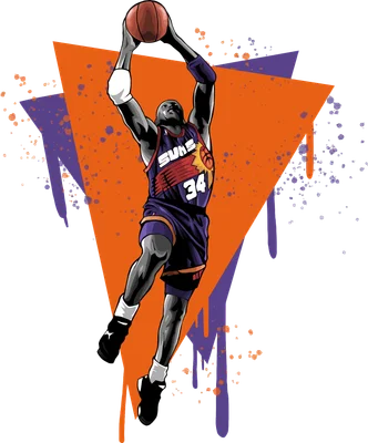 Hình vẽ cầu thủ bóng rổ mặc áo Phoenix Suns số 34 đang thực hiện cú úp rổ, với nền hình học màu cam và tím.