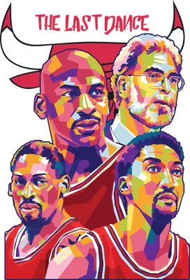 Hình ảnh pop art Michael Jordan, Scottie Pippen, Dennis Rodman và Phil Jackson của Chicago Bulls, có logo bò tót và chữ "The Last Dance".