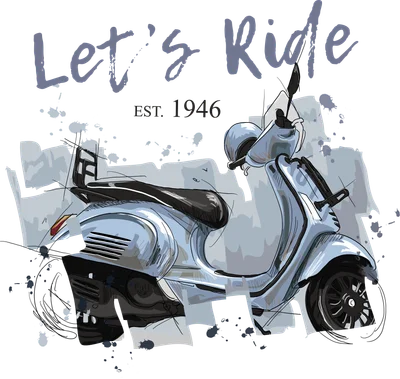 Hình vẽ tay xe Vespa cổ điển màu xanh bạc với dòng chữ "Let's Ride" và "EST. 1946"